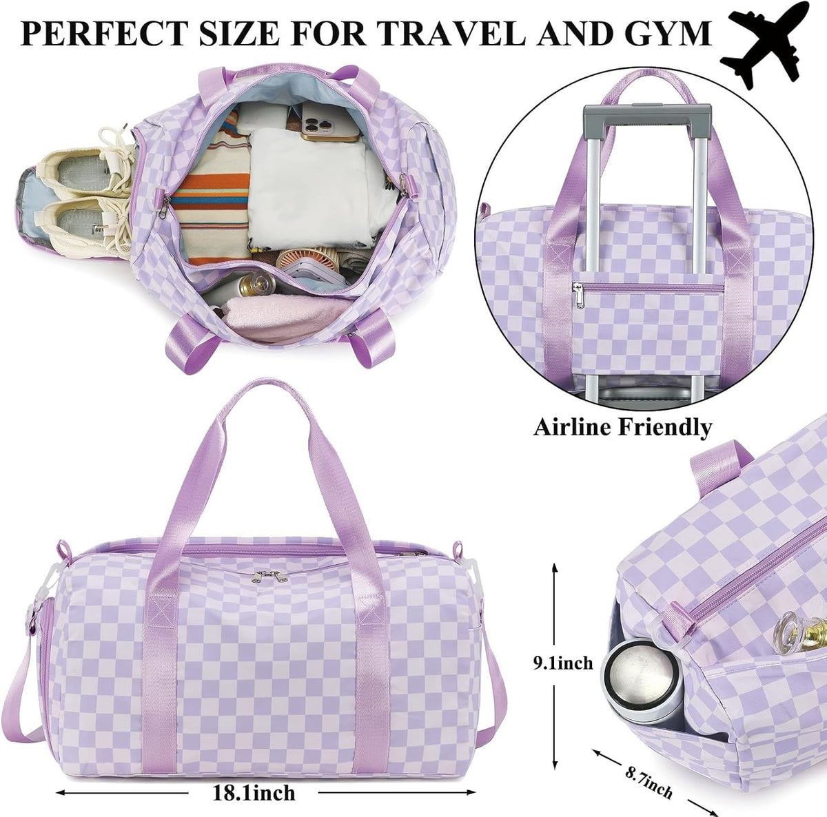 Gym Bag Sports Duffle Bag with Wet Pocket Weekender Overnight Bag with Waterproof Shoe Pouch and Air Hole for Girls Kids Women Travel Foldable Bag