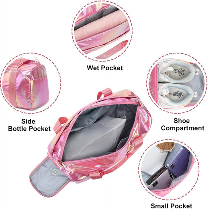 Gym Bag Sports Duffle Bag with Wet Pocket Weekender Overnight Bag with Waterproof Shoe Pouch and Air Hole for Girls Kids Women Travel Foldable Bag