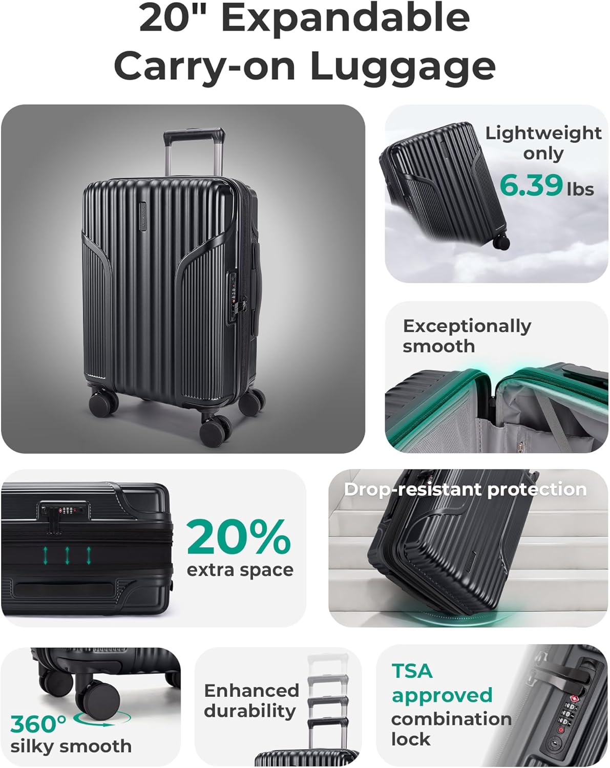 Carry On Luggage 22x14x9 Airline Approved, Lightweight luggage with Spinner Wheels, 20 Inch Expandable Hardside Carry On Suitcase with TSA Lock Rolling Travel suitcase Carry-On, Black