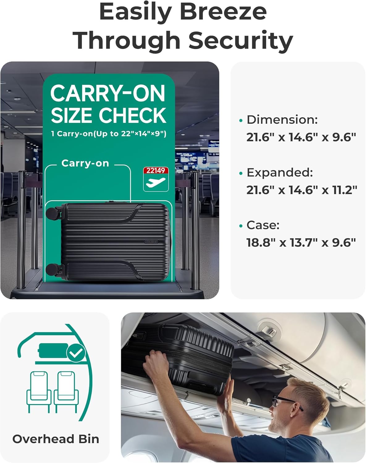 Carry On Luggage 22x14x9 Airline Approved, Lightweight luggage with Spinner Wheels, 20 Inch Expandable Hardside Carry On Suitcase with TSA Lock Rolling Travel suitcase Carry-On, Black