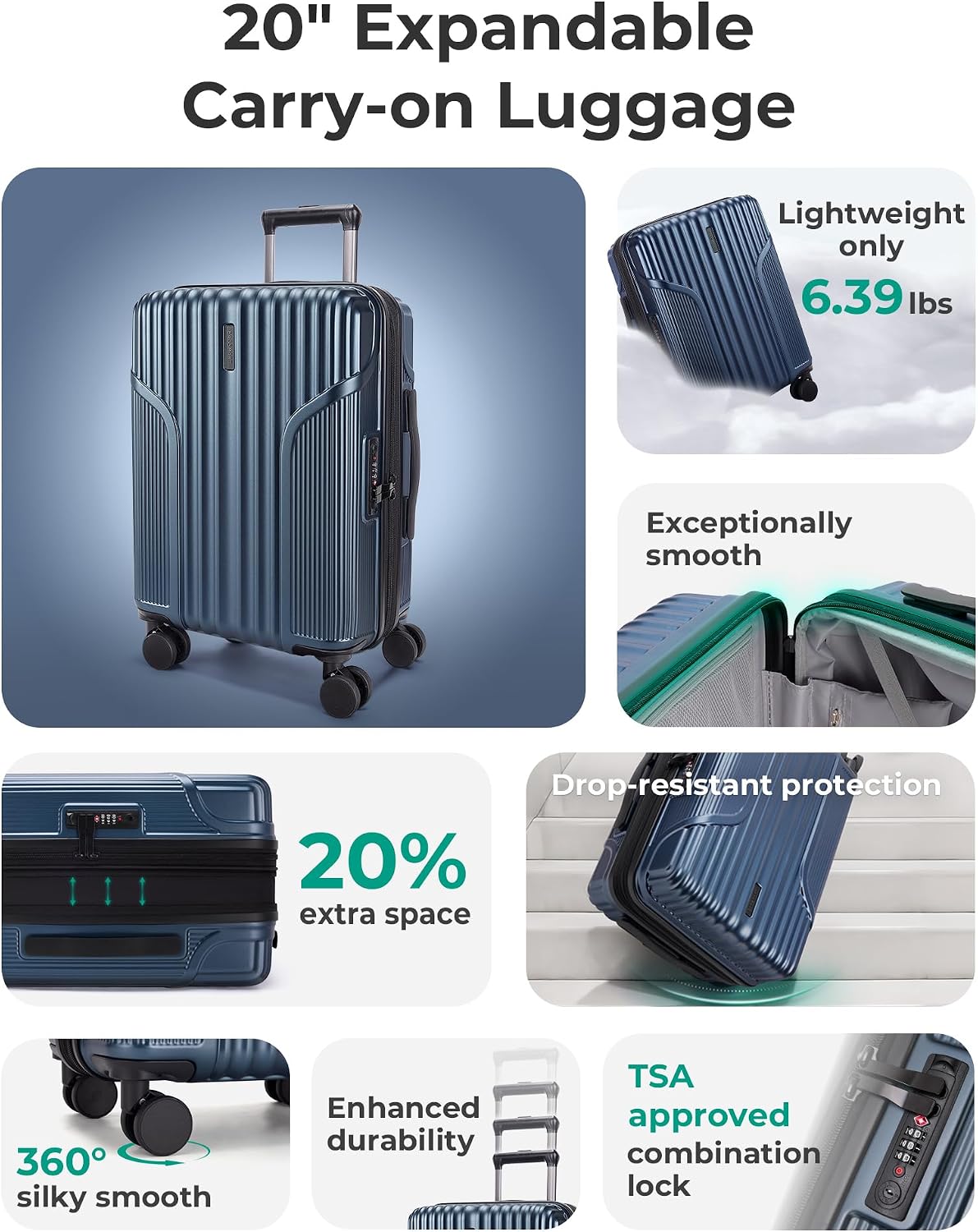 Carry On Luggage 22x14x9 Airline Approved, Lightweight luggage with Spinner Wheels, 20 Inch Expandable Hardside Carry On Suitcase with TSA Lock Rolling Travel suitcase Carry-On, Black