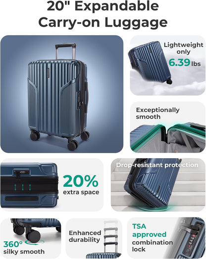 Carry On Luggage 22x14x9 Airline Approved, Lightweight luggage with Spinner Wheels, 20 Inch Expandable Hardside Carry On Suitcase with TSA Lock Rolling Travel suitcase Carry-On, Black
