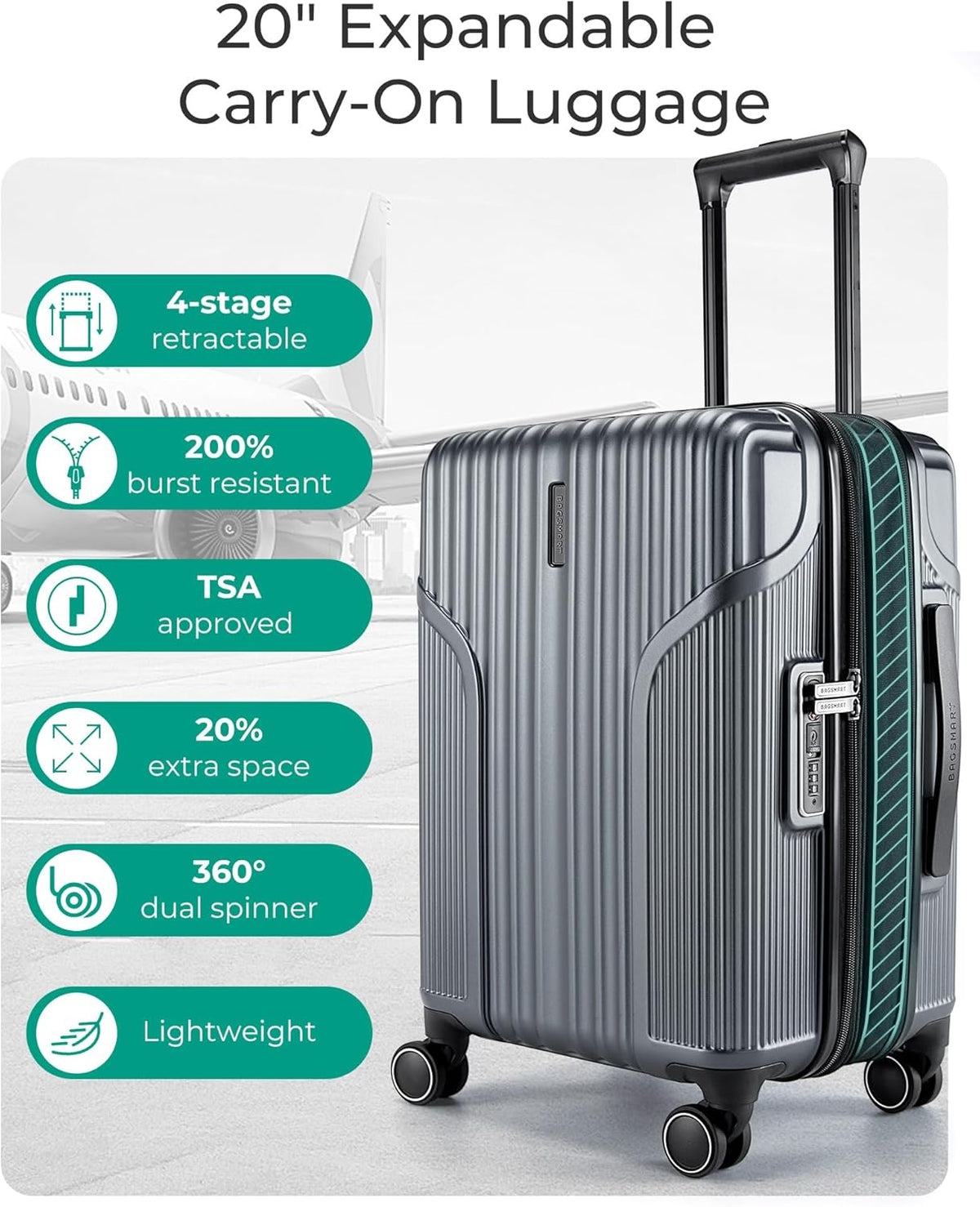 Carry On Luggage 22x14x9 Airline Approved, Lightweight luggage with Spinner Wheels, 20 Inch Expandable Hardside Carry On Suitcase with TSA Lock Rolling Travel suitcase Carry-On, Black