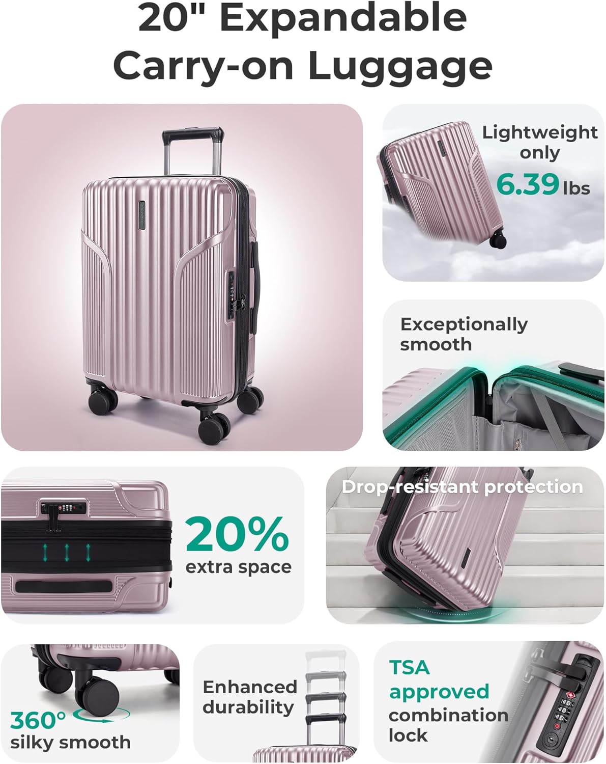 Carry On Luggage 22x14x9 Airline Approved, Lightweight luggage with Spinner Wheels, 20 Inch Expandable Hardside Carry On Suitcase with TSA Lock Rolling Travel suitcase Carry-On, Black