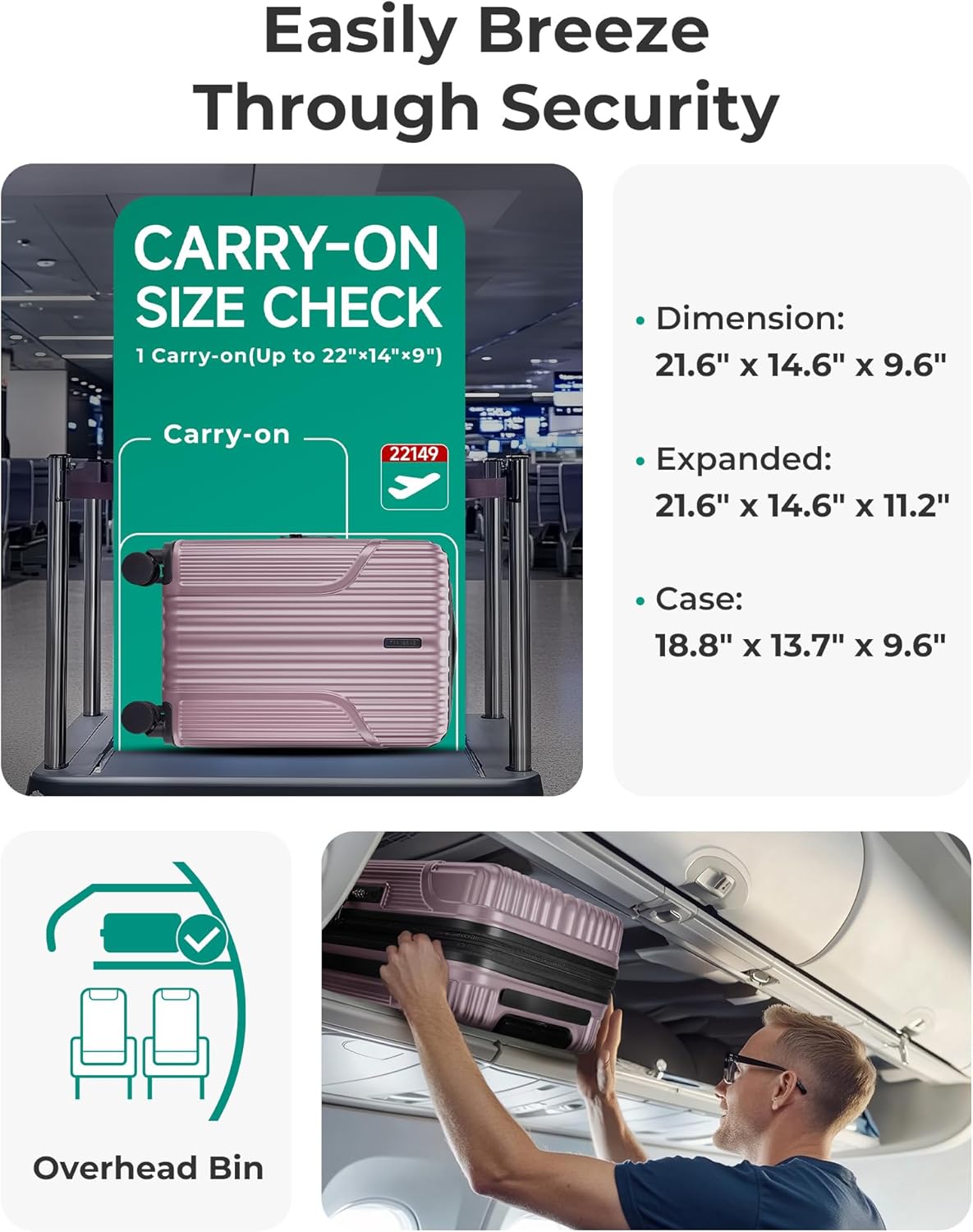 Carry On Luggage 22x14x9 Airline Approved, Lightweight luggage with Spinner Wheels, 20 Inch Expandable Hardside Carry On Suitcase with TSA Lock Rolling Travel suitcase Carry-On, Black