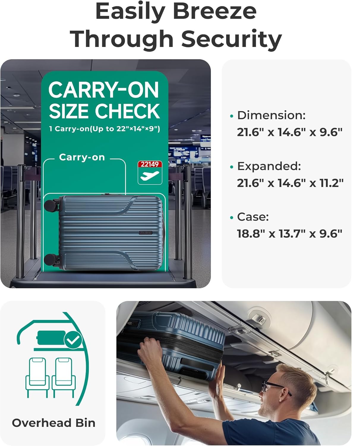 Carry On Luggage 22x14x9 Airline Approved, Lightweight luggage with Spinner Wheels, 20 Inch Expandable Hardside Carry On Suitcase with TSA Lock Rolling Travel suitcase Carry-On, Black