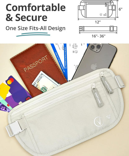 Money Belt with RFID For Men & Women, Hidden Passport Holder for Travel, 2 Compartment Travel Fanny Pack for Women Anti Theft
