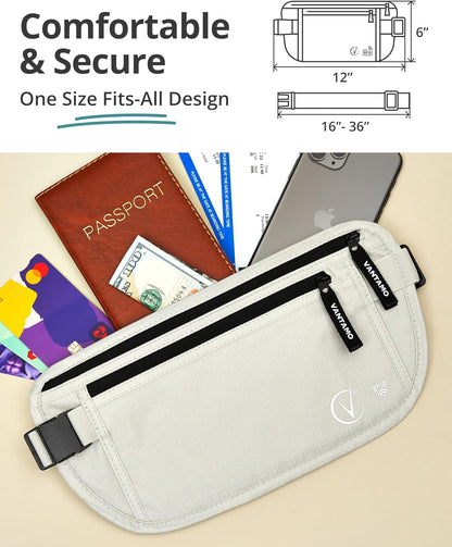 Money Belt with RFID For Men & Women, Hidden Passport Holder for Travel, 2 Compartment Travel Fanny Pack for Women Anti Theft