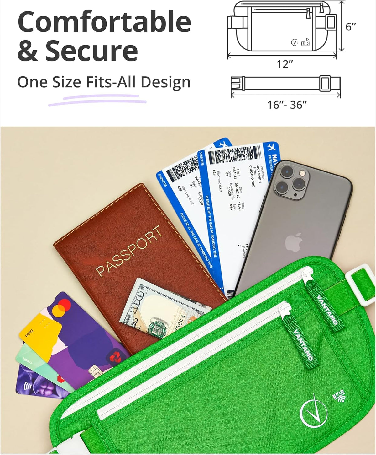 Money Belt with RFID For Men & Women, Hidden Passport Holder for Travel, 2 Compartment Travel Fanny Pack for Women Anti Theft