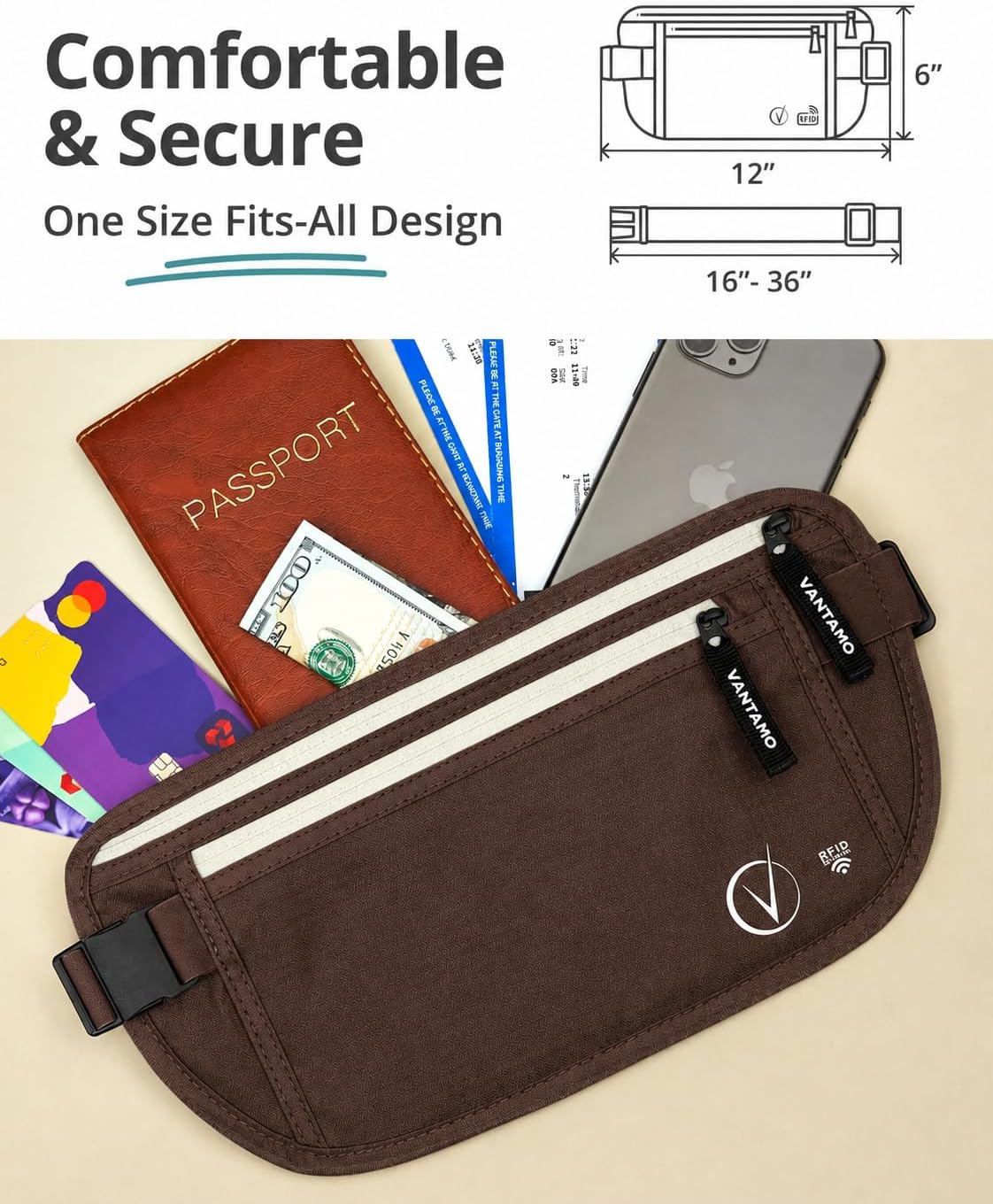 Money Belt with RFID For Men & Women, Hidden Passport Holder for Travel, 2 Compartment Travel Fanny Pack for Women Anti Theft