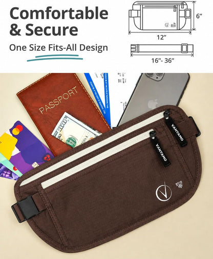 Money Belt with RFID For Men & Women, Hidden Passport Holder for Travel, 2 Compartment Travel Fanny Pack for Women Anti Theft