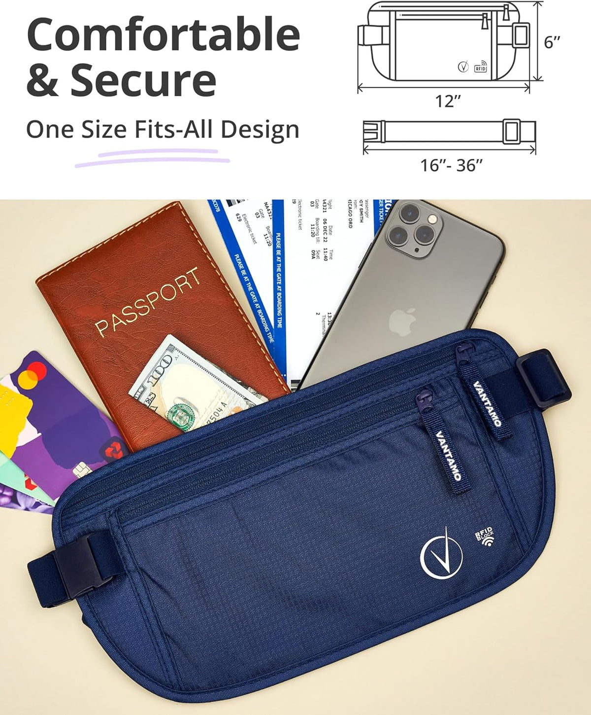 Money Belt with RFID For Men & Women, Hidden Passport Holder for Travel, 2 Compartment Travel Fanny Pack for Women Anti Theft