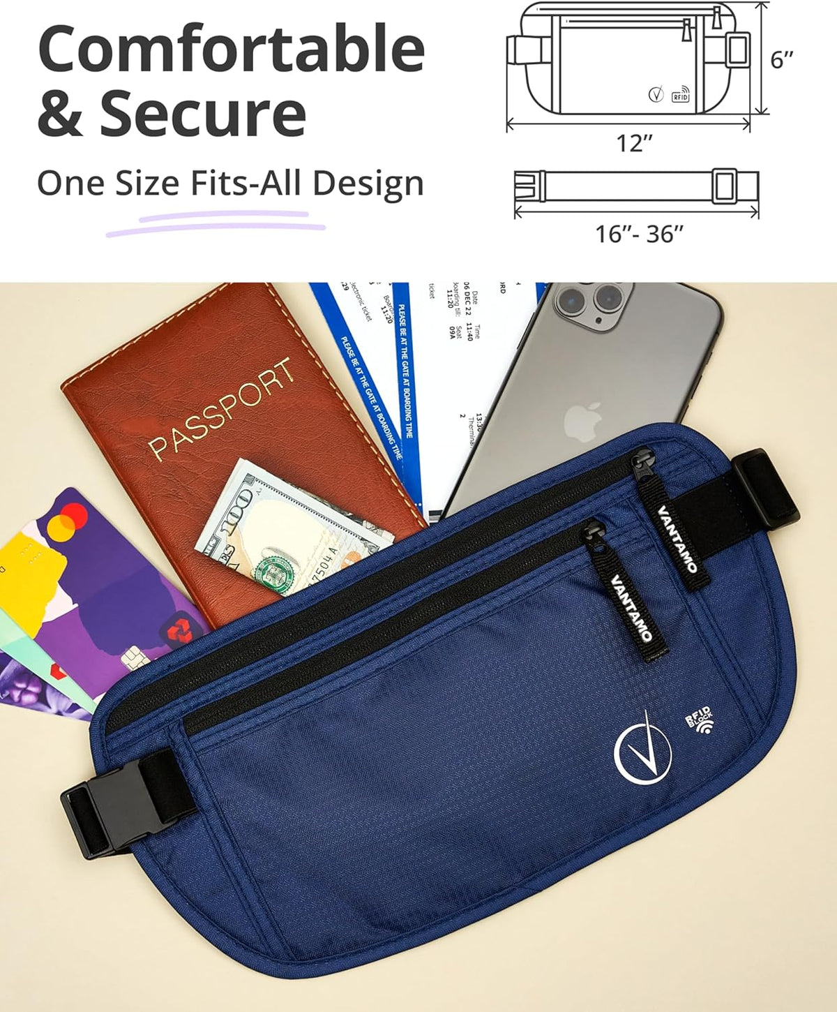Money Belt with RFID For Men & Women, Hidden Passport Holder for Travel, 2 Compartment Travel Fanny Pack for Women Anti Theft