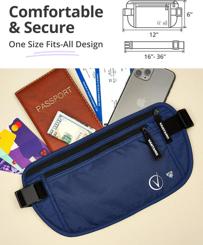 Money Belt with RFID For Men & Women, Hidden Passport Holder for Travel, 2 Compartment Travel Fanny Pack for Women Anti Theft
