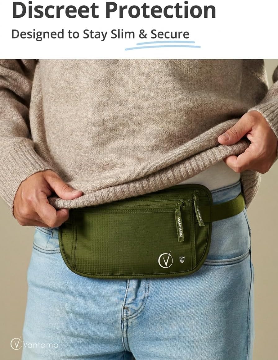 Money Belt with RFID For Men & Women, Hidden Passport Holder for Travel, 2 Compartment Travel Fanny Pack for Women Anti Theft