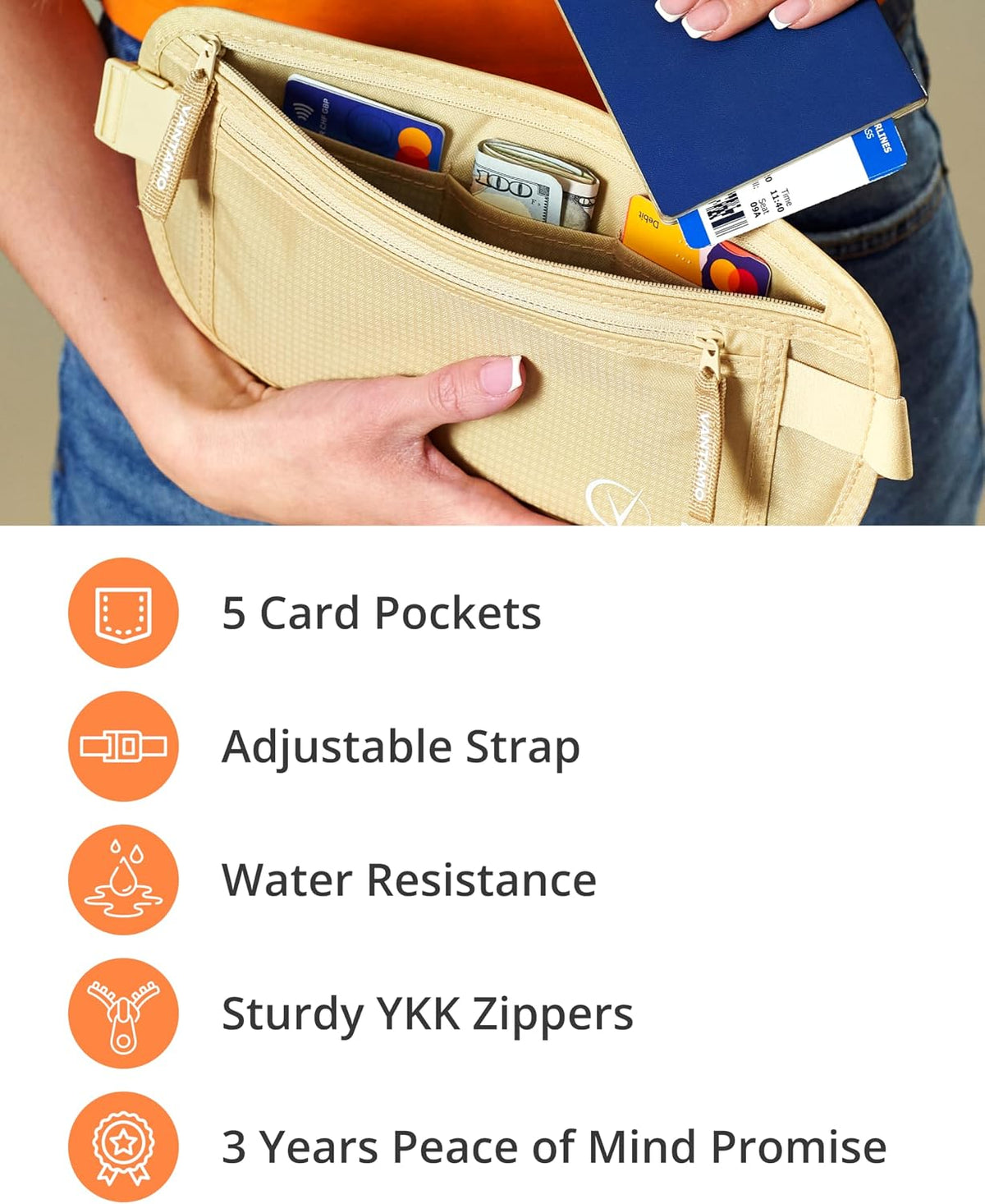 Money Belt with RFID For Men & Women, Hidden Passport Holder for Travel, 2 Compartment Travel Fanny Pack for Women Anti Theft