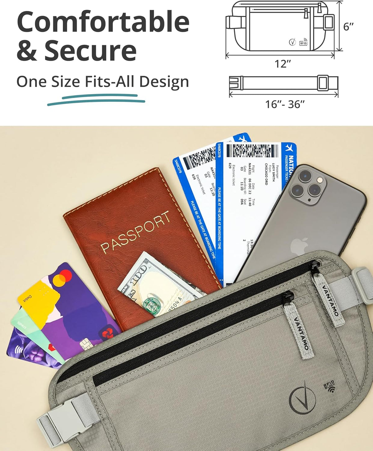 Money Belt with RFID For Men & Women, Hidden Passport Holder for Travel, 2 Compartment Travel Fanny Pack for Women Anti Theft