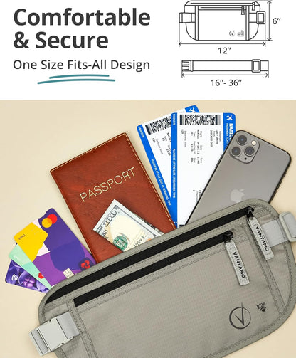 Money Belt with RFID For Men & Women, Hidden Passport Holder for Travel, 2 Compartment Travel Fanny Pack for Women Anti Theft