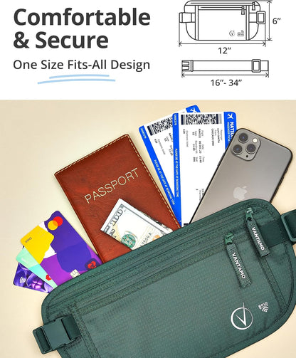 Money Belt with RFID For Men & Women, Hidden Passport Holder for Travel, 2 Compartment Travel Fanny Pack for Women Anti Theft