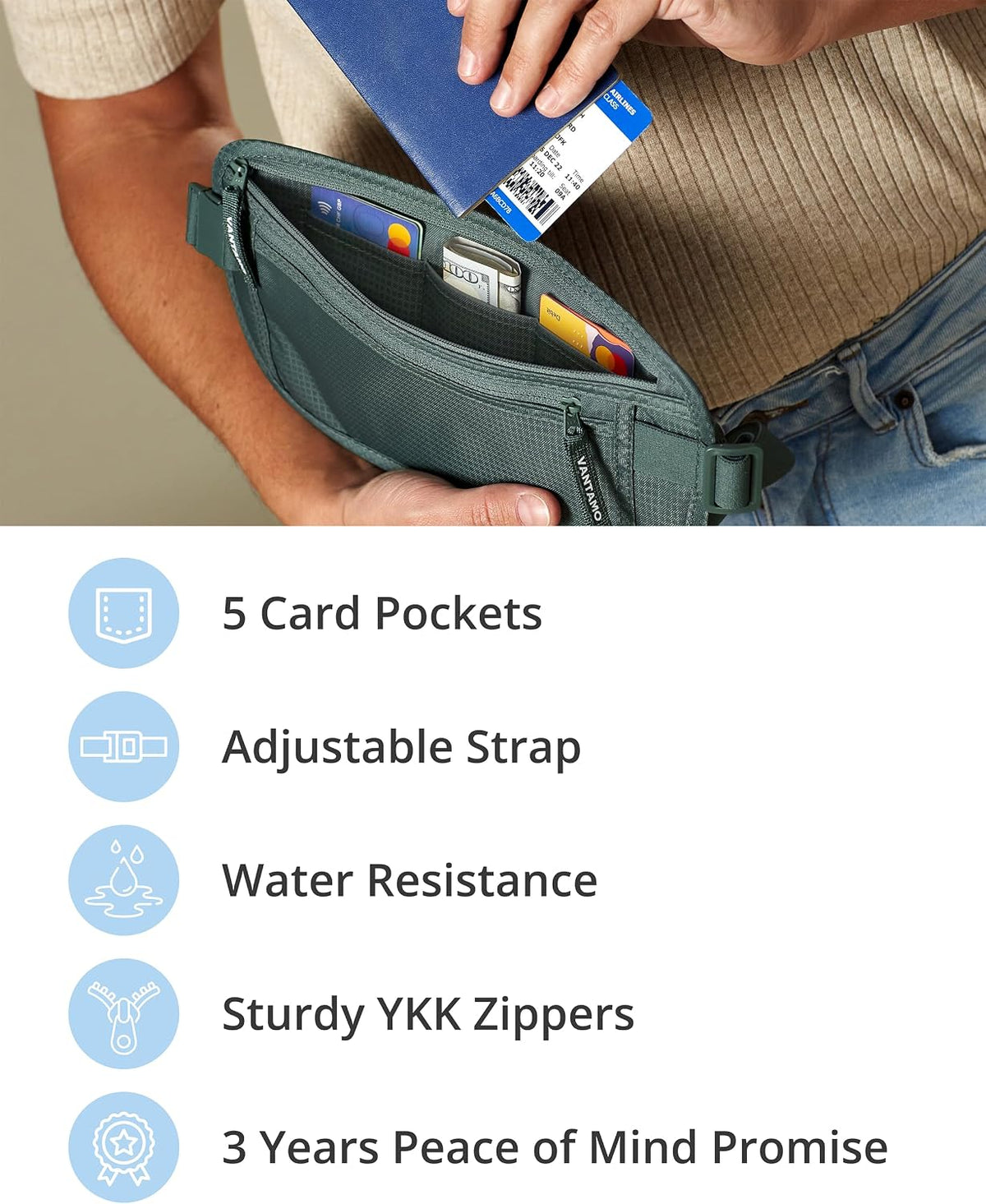 Money Belt with RFID For Men & Women, Hidden Passport Holder for Travel, 2 Compartment Travel Fanny Pack for Women Anti Theft