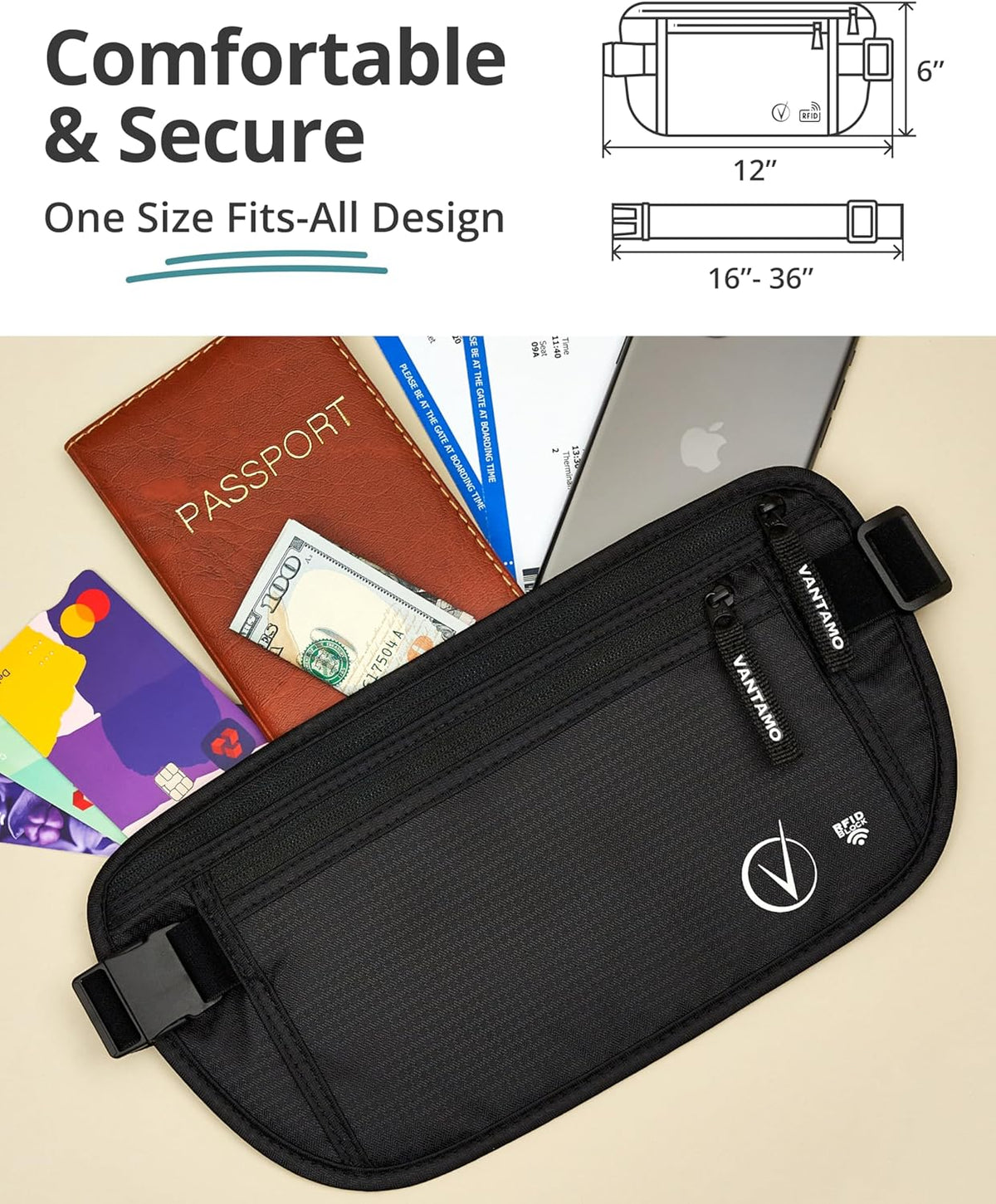 Money Belt with RFID For Men & Women, Hidden Passport Holder for Travel, 2 Compartment Travel Fanny Pack for Women Anti Theft