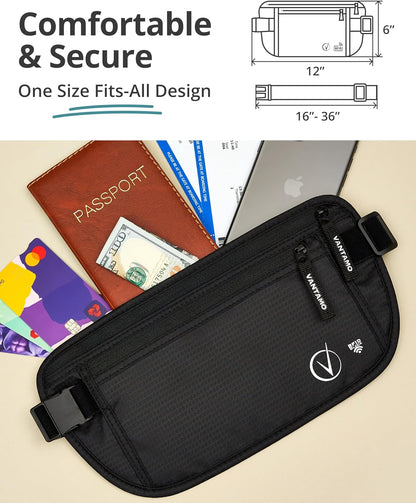 Money Belt with RFID For Men & Women, Hidden Passport Holder for Travel, 2 Compartment Travel Fanny Pack for Women Anti Theft