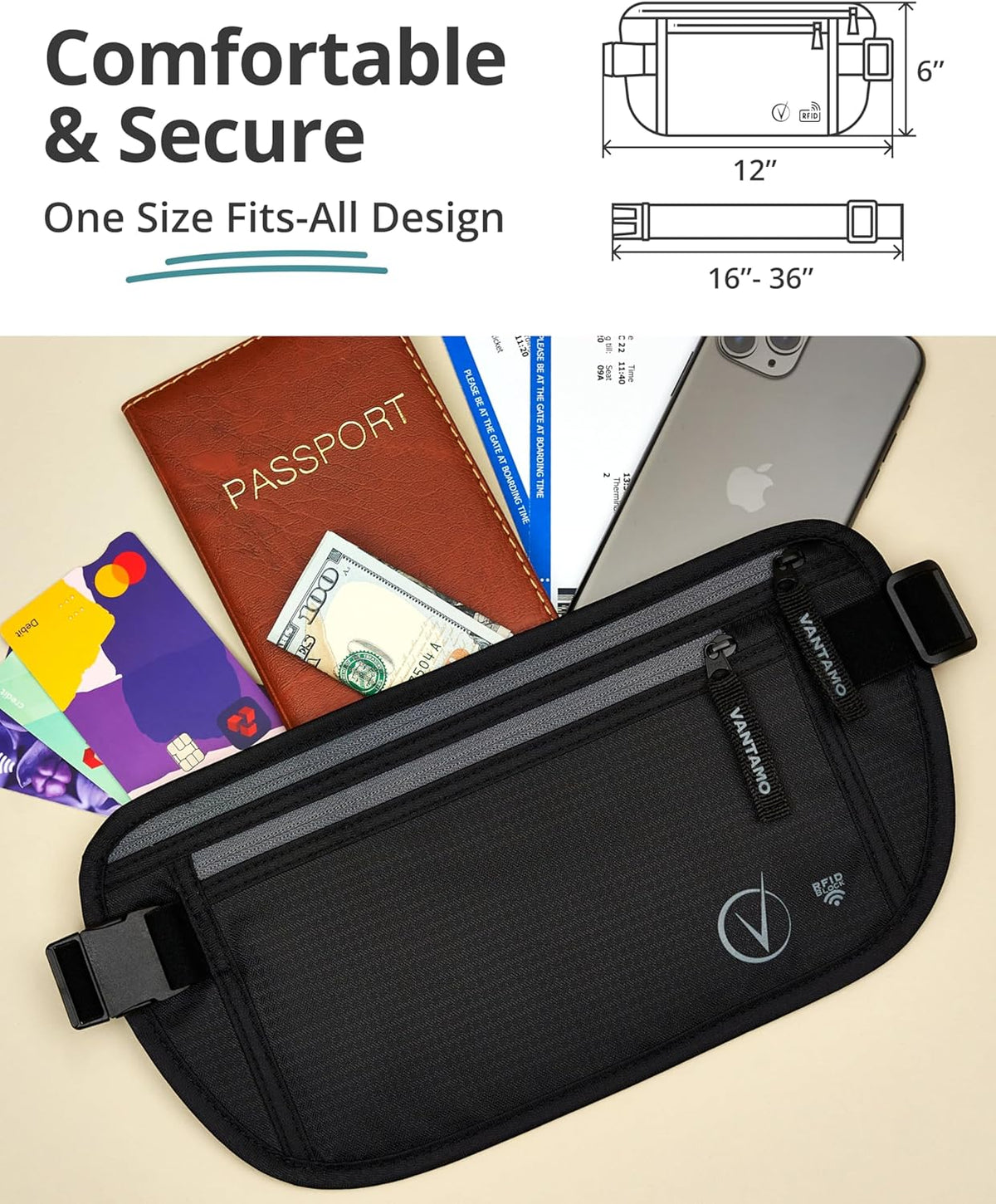 Money Belt with RFID For Men & Women, Hidden Passport Holder for Travel, 2 Compartment Travel Fanny Pack for Women Anti Theft