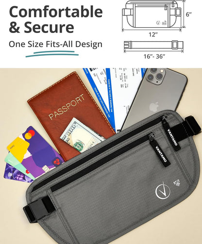Money Belt with RFID For Men & Women, Hidden Passport Holder for Travel, 2 Compartment Travel Fanny Pack for Women Anti Theft