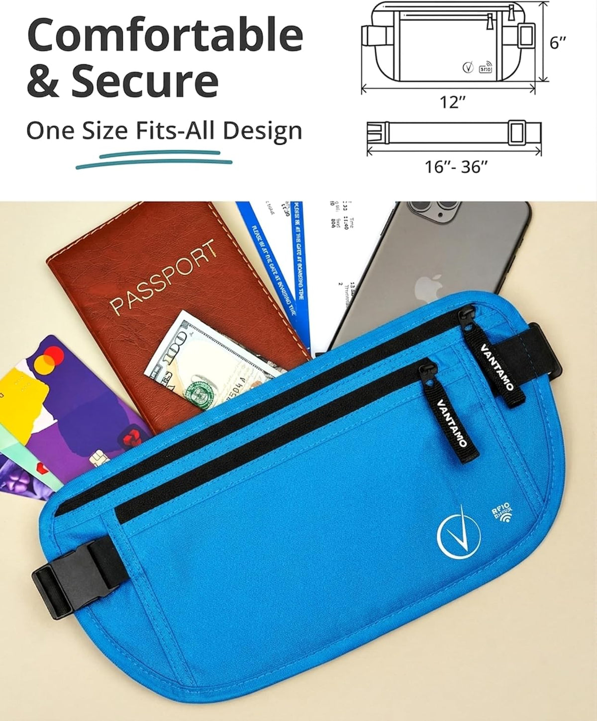 Money Belt with RFID For Men & Women, Hidden Passport Holder for Travel, 2 Compartment Travel Fanny Pack for Women Anti Theft