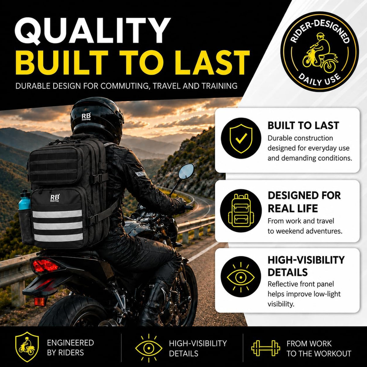 riderbag Xtreme Tactical Travel Bag, 30L Carry-On Backpack (red) | From Work to Workout, Tactical Everyday Carry, Motorcycle Commuting, Weekend Travel, Reflective Details