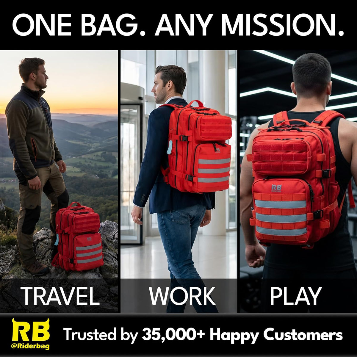 riderbag Xtreme Tactical Travel Bag, 30L Carry-On Backpack (red) | From Work to Workout, Tactical Everyday Carry, Motorcycle Commuting, Weekend Travel, Reflective Details