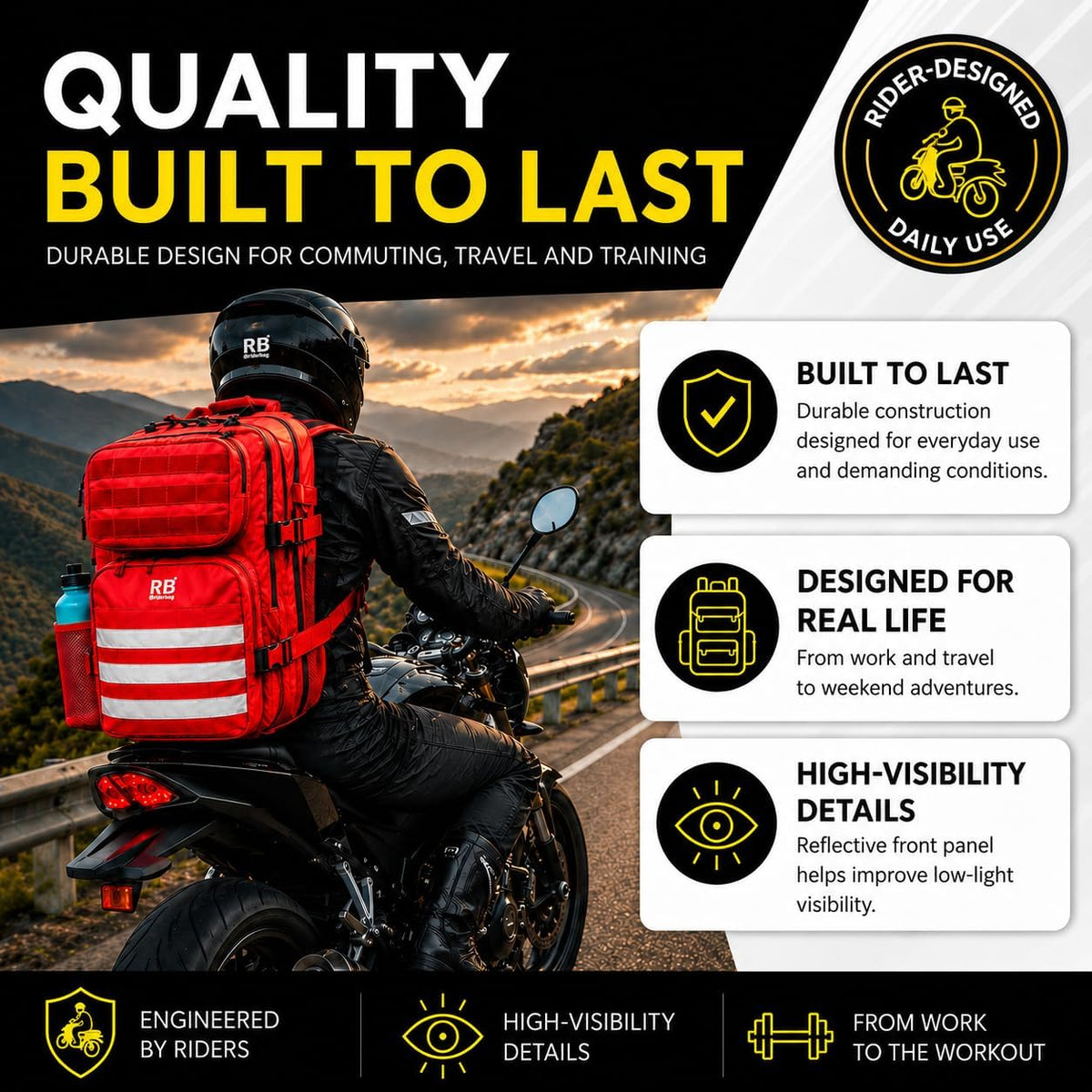 riderbag Xtreme Tactical Travel Bag, 30L Carry-On Backpack (red) | From Work to Workout, Tactical Everyday Carry, Motorcycle Commuting, Weekend Travel, Reflective Details