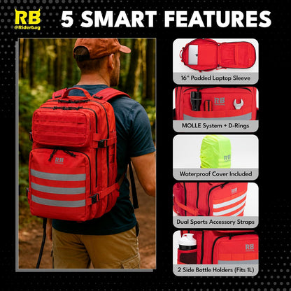 riderbag Xtreme Tactical Travel Bag, 30L Carry-On Backpack (red) | From Work to Workout, Tactical Everyday Carry, Motorcycle Commuting, Weekend Travel, Reflective Details