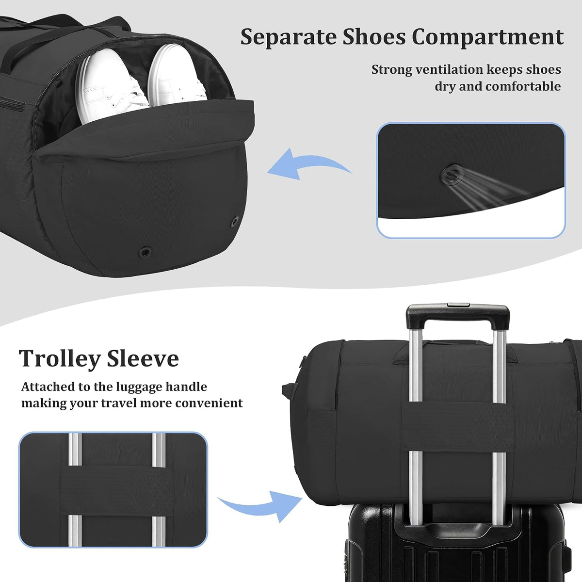 120L Foldable Travel Duffel Bag for Men Women, Extra Large Collapsible Duffle Bag with Shoe Compartment, Waterproof Carry On Weekend Bag for Traveling, Overnight(Black)
