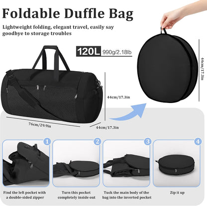 120L Foldable Travel Duffel Bag for Men Women, Extra Large Collapsible Duffle Bag with Shoe Compartment, Waterproof Carry On Weekend Bag for Traveling, Overnight(Black)