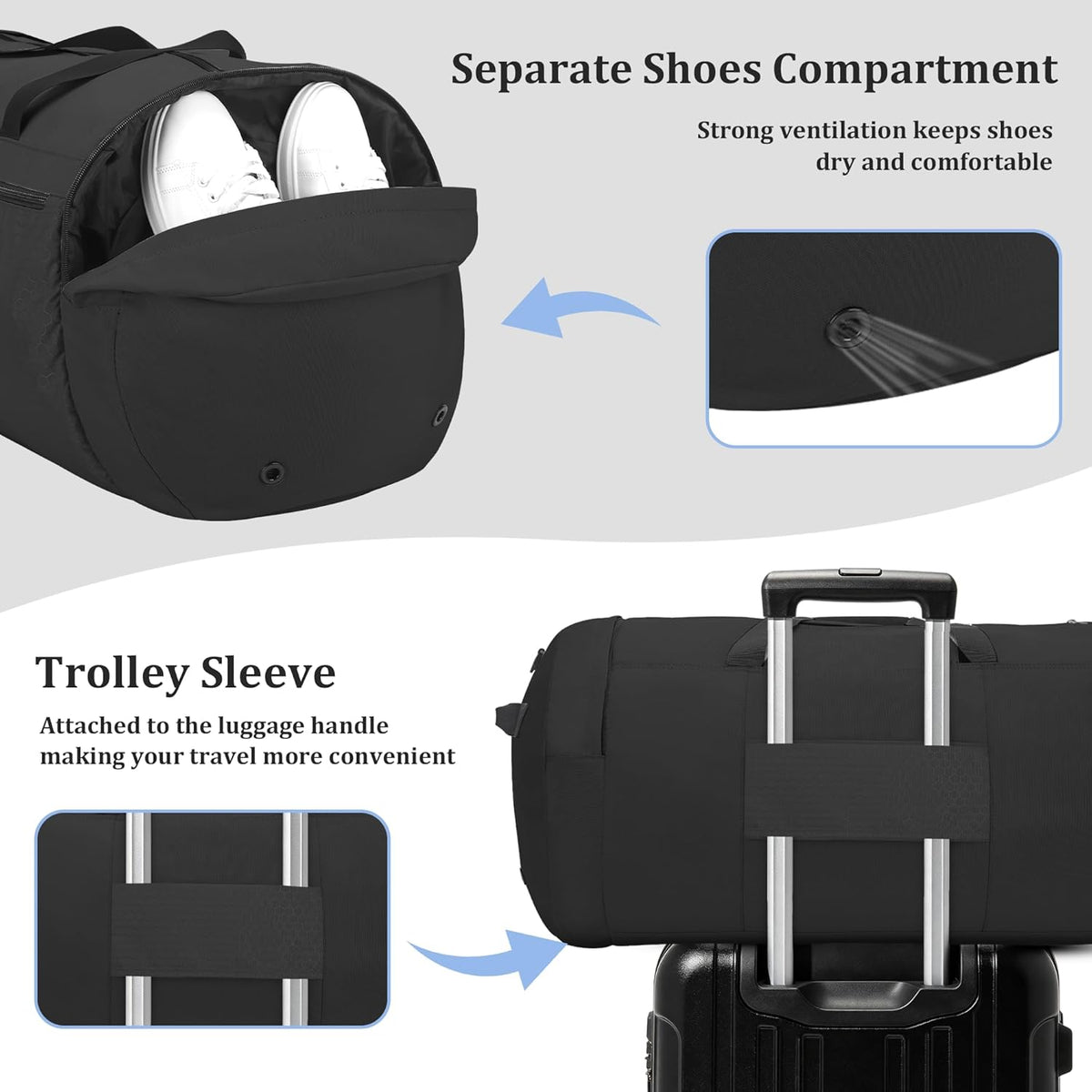 120L Foldable Travel Duffel Bag for Men Women, Extra Large Collapsible Duffle Bag with Shoe Compartment, Waterproof Carry On Weekend Bag for Traveling, Overnight(Black)