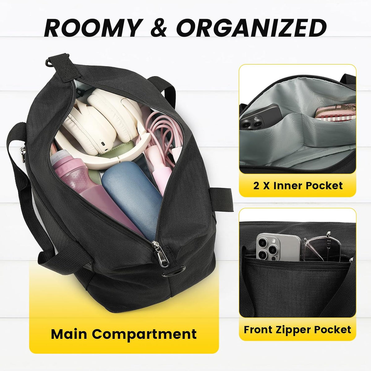 Small Gym Bag - 18 Inches Duffle Bag for Travel Lightweight Duffel Bag for Men Women Personal Item Bag Weekender Bag for Travel Sports Gym - Black