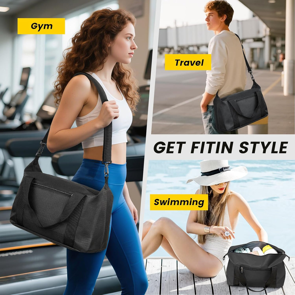 Small Gym Bag - 18 Inches Duffle Bag for Travel Lightweight Duffel Bag for Men Women Personal Item Bag Weekender Bag for Travel Sports Gym - Black
