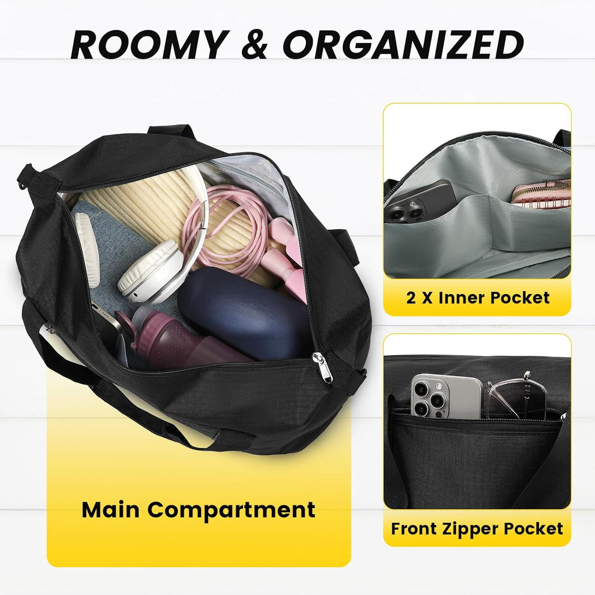 Small Gym Bag - 18 Inches Duffle Bag for Travel Lightweight Duffel Bag for Men Women Personal Item Bag Weekender Bag for Travel Sports Gym - Black