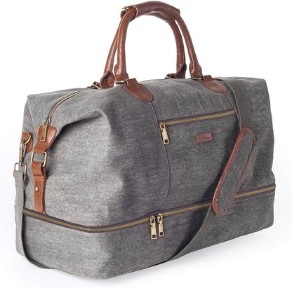 Canvas Weekender Bag, Overnight Travel Carry On Duffel Tote with Shoe Pouch (Grey)