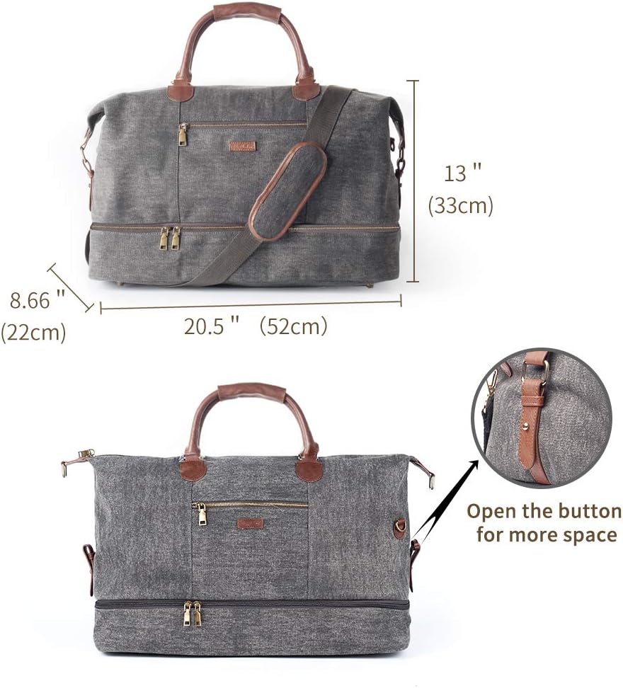 Canvas Weekender Bag, Overnight Travel Carry On Duffel Tote with Shoe Pouch (Grey)