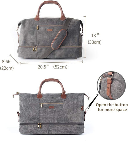 Canvas Weekender Bag, Overnight Travel Carry On Duffel Tote with Shoe Pouch (Grey)