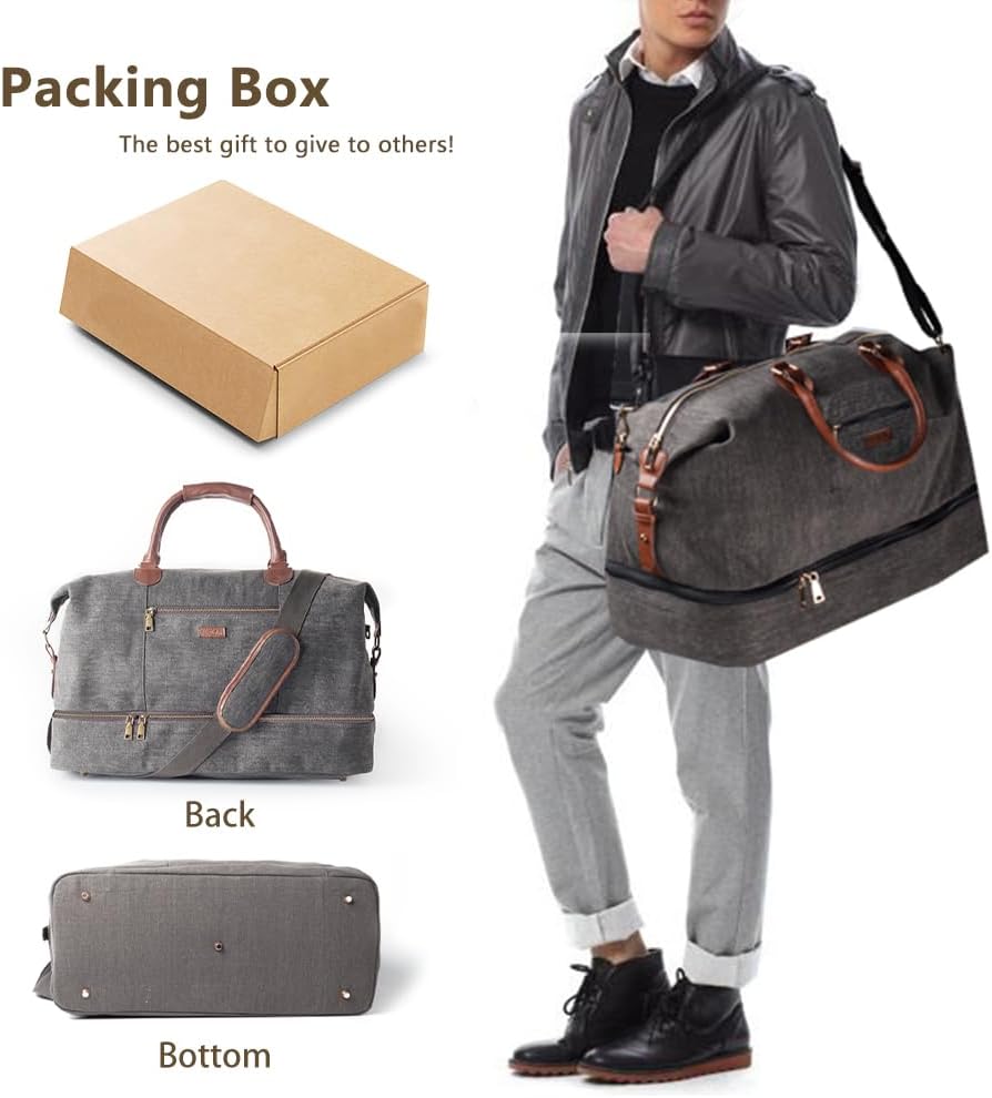 Canvas Weekender Bag, Overnight Travel Carry On Duffel Tote with Shoe Pouch (Grey)