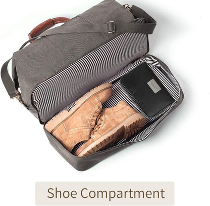 Canvas Weekender Bag, Overnight Travel Carry On Duffel Tote with Shoe Pouch (Grey)