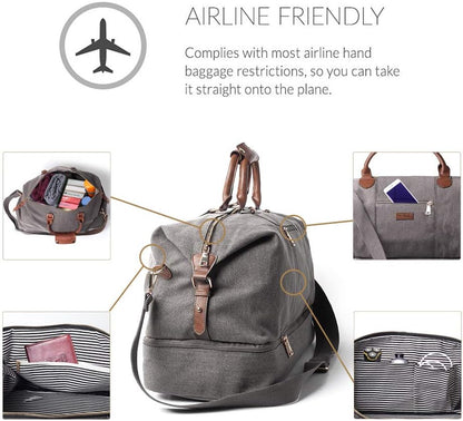Canvas Weekender Bag, Overnight Travel Carry On Duffel Tote with Shoe Pouch (Grey)