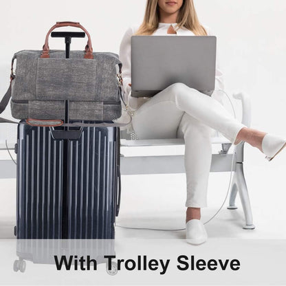 Canvas Weekender Bag, Overnight Travel Carry On Duffel Tote with Shoe Pouch (Grey)