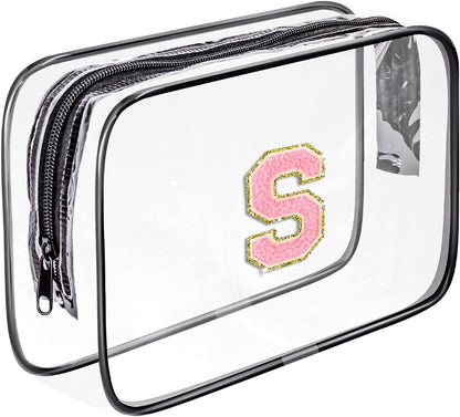 Clear Toiletry Bag,Portable Travel Toiletry Bag,Chenille Letter Cosmetic Bag with Zipper,Waterproof Makeup Bag,Cosmetic Storage Organizer for Women Men,Travel Essentials (Black,A)