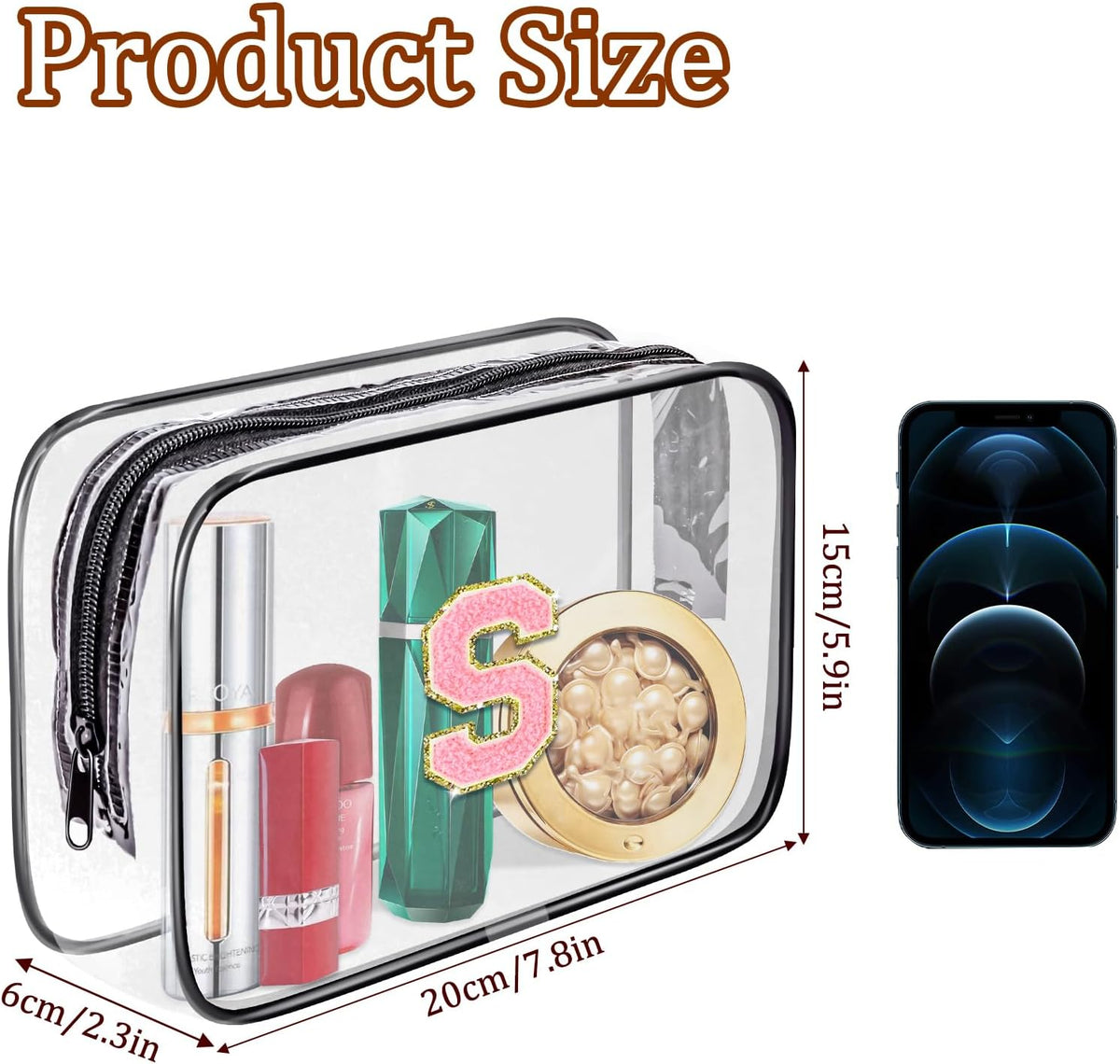 Clear Toiletry Bag,Portable Travel Toiletry Bag,Chenille Letter Cosmetic Bag with Zipper,Waterproof Makeup Bag,Cosmetic Storage Organizer for Women Men,Travel Essentials (Black,A)
