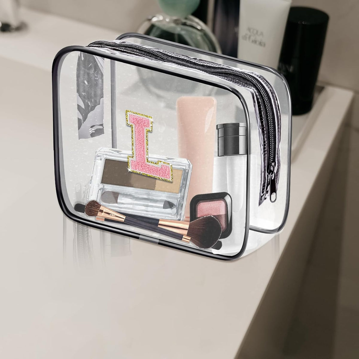 Clear Toiletry Bag,Portable Travel Toiletry Bag,Chenille Letter Cosmetic Bag with Zipper,Waterproof Makeup Bag,Cosmetic Storage Organizer for Women Men,Travel Essentials (Black,A)