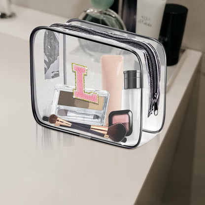 Clear Toiletry Bag,Portable Travel Toiletry Bag,Chenille Letter Cosmetic Bag with Zipper,Waterproof Makeup Bag,Cosmetic Storage Organizer for Women Men,Travel Essentials (Black,A)